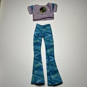 Vtg Barbie Blue Tie-Dye Bell Bottom Pants Purple Glitter Crop Top